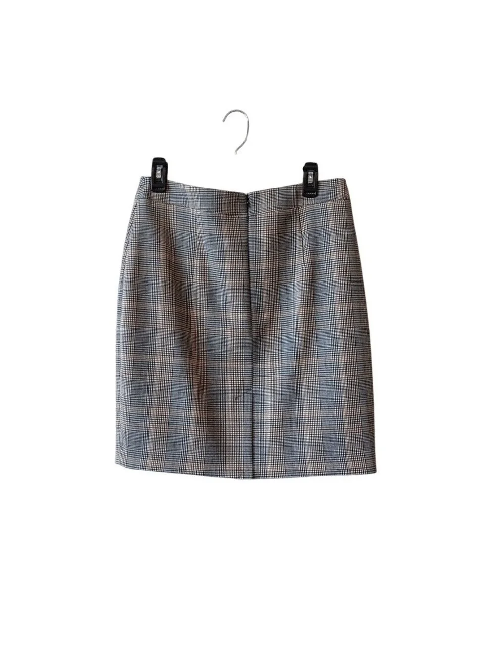 H&M Women's Tan Black Plaid Gold Buttons Zip Up High Waist Pencil Skirt Size 10